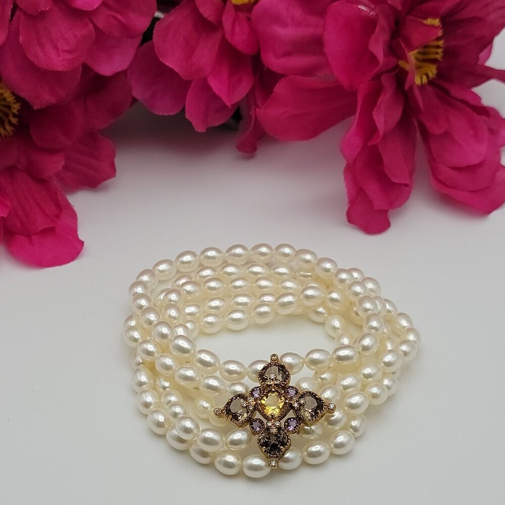 Vtg. XO 925 Multicolor Cubic Zirconia White Freshwater Pearl Statement Bracelet